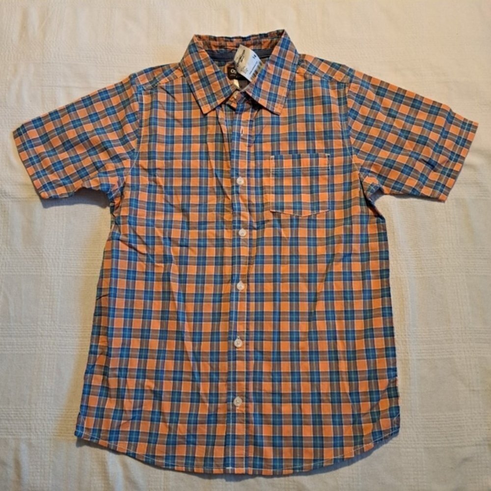 Oshkosh boys size 14 button up short sleeve shirt, orange & blue plaid, New